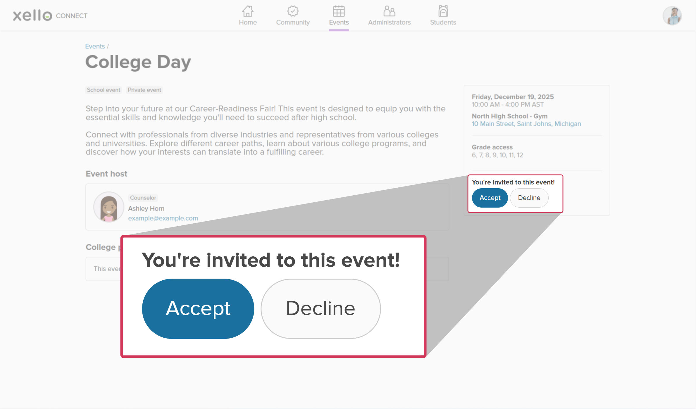 An invite to an event hosted by a high school. The Accept and Decline buttons are highlighted.